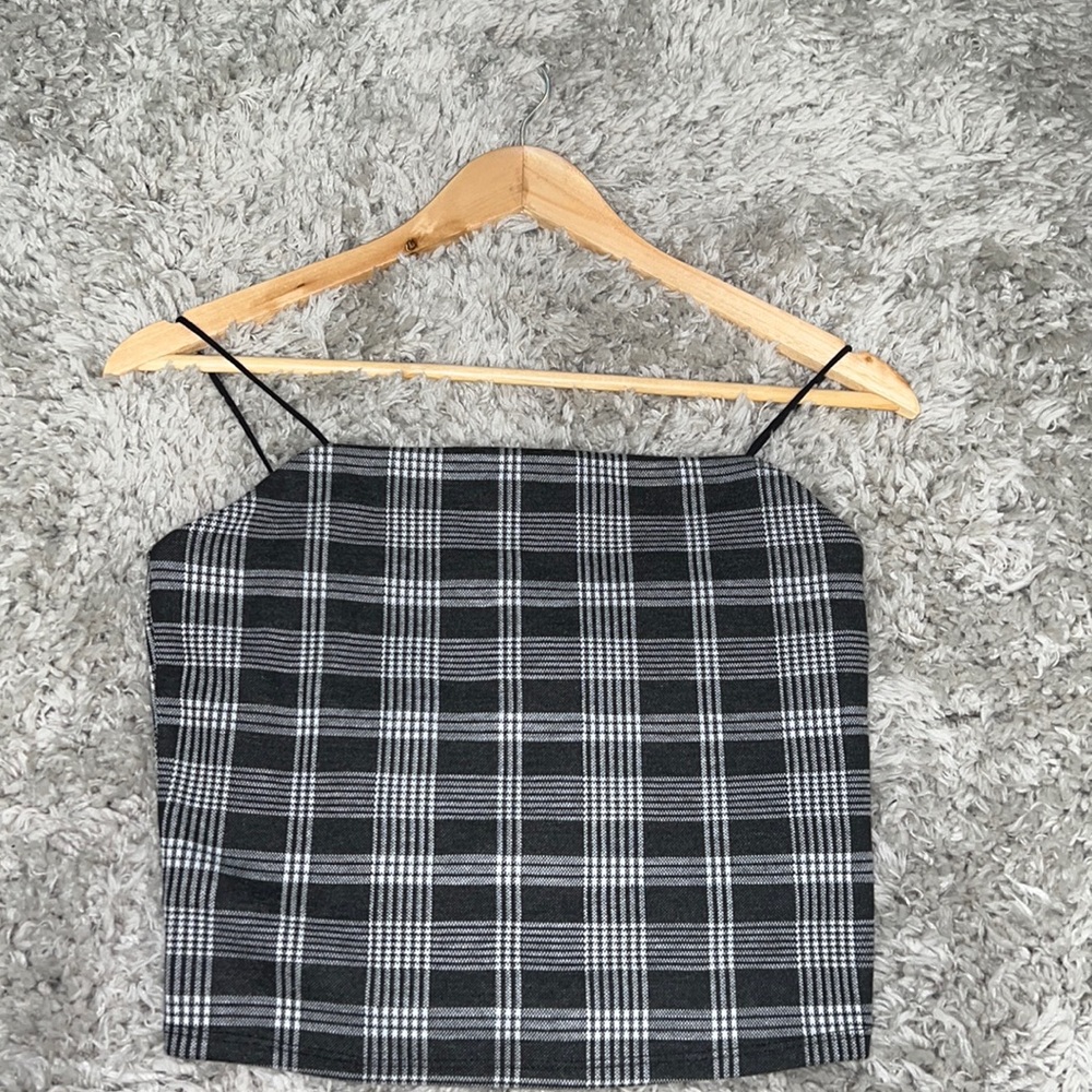 Plaid black and white crop top, size large, double sided front